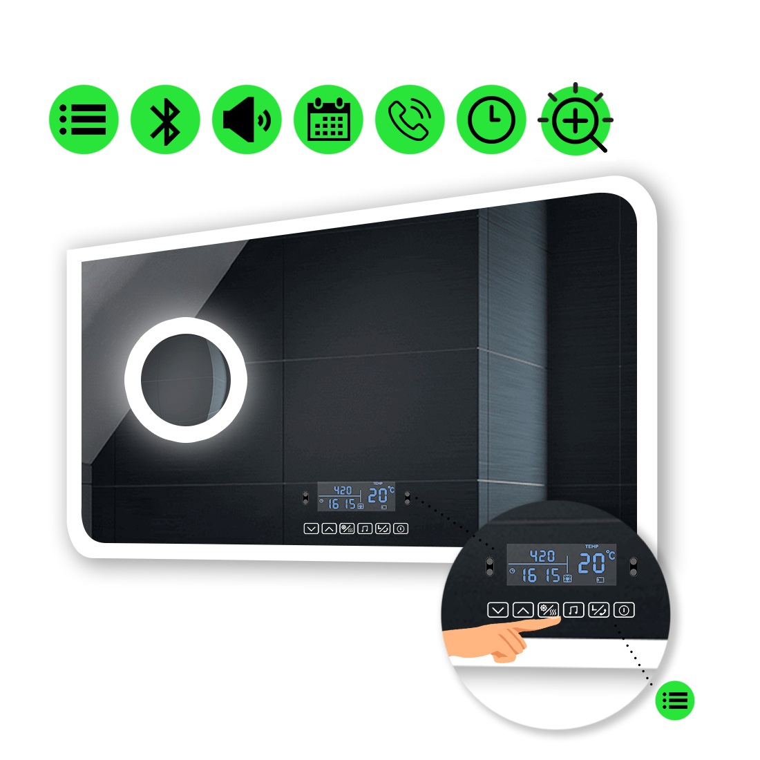 

LED-зеркало 100x60см, с Smart-блоком и линзой с подсветкой, модель Kruka