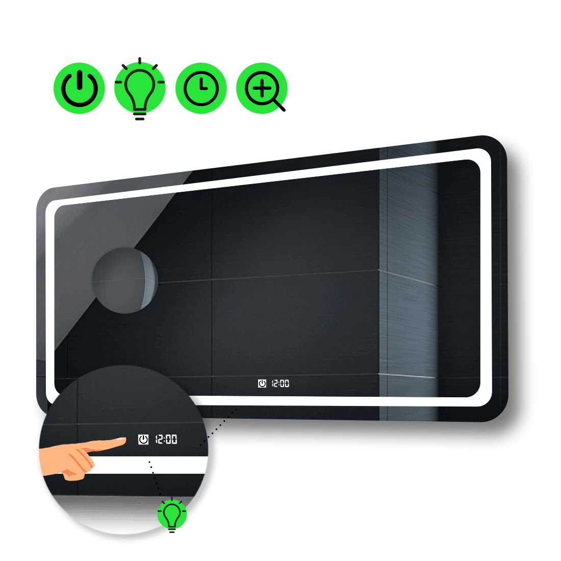 

LED-зеркало 120x100см, с сенсором, часами и линзой без подсветки, модель Anvi