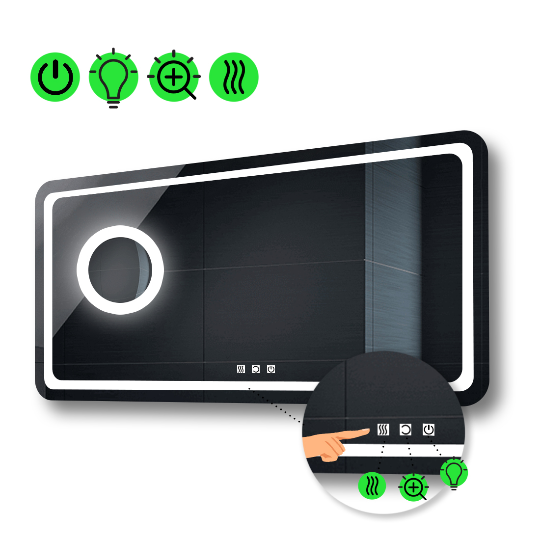 

LED-зеркало 100x80см, с тремя сенсорами, подогревом и линзой с подсветкой, модель Anvi