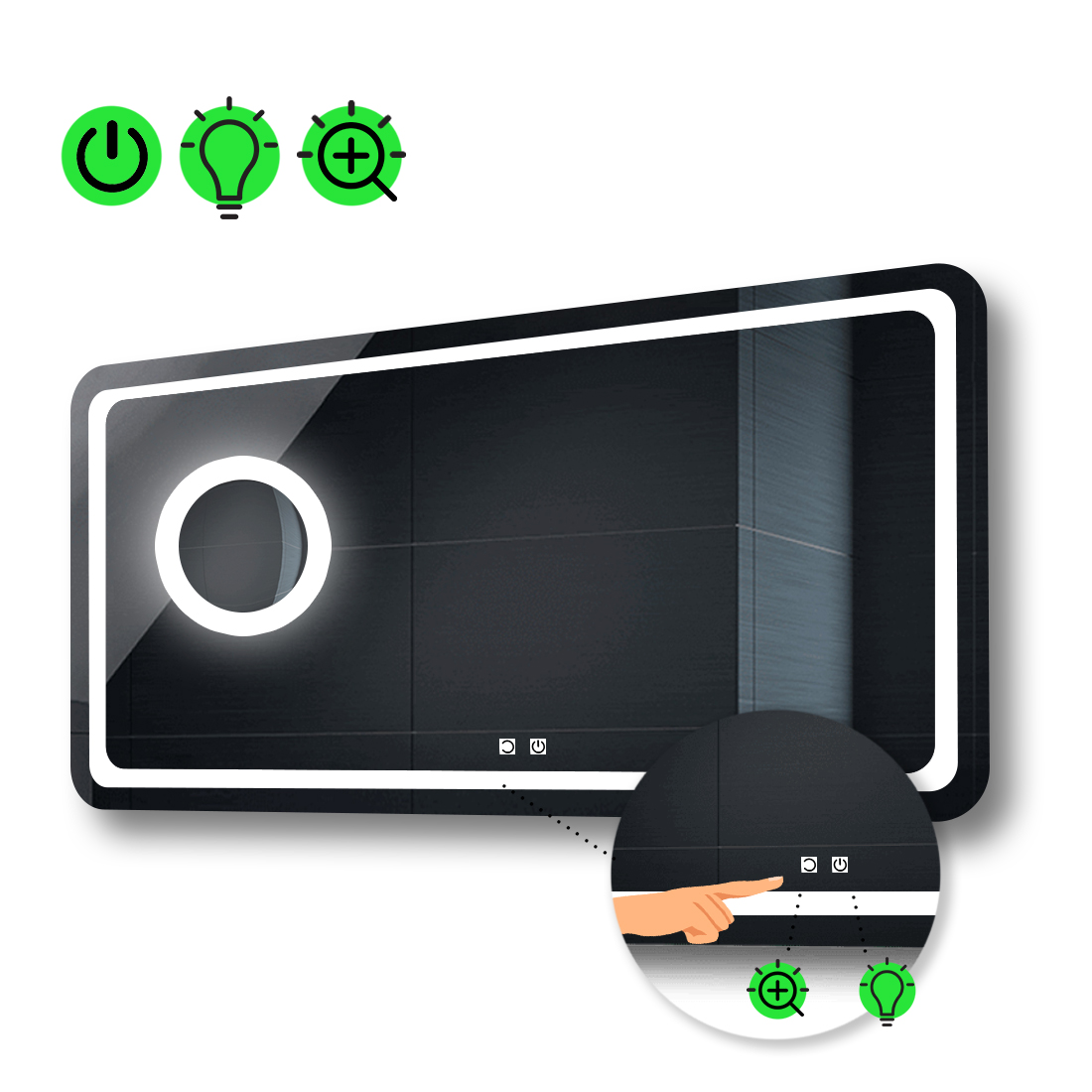 

LED-зеркало 110x70см, с двумя сенсорами и линзой с подсветкой, модель Anvi