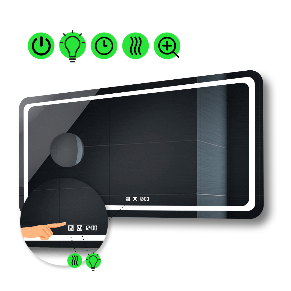 

LED-зеркало 90x80см, с двумя сенсорами, часами, подогревом и линзой без подсветки, модель Anvi