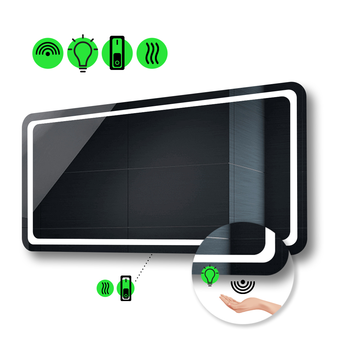 

LED-зеркало 90x80см, с ИК включателем и подогревом с механическим управлением, модель Anvi