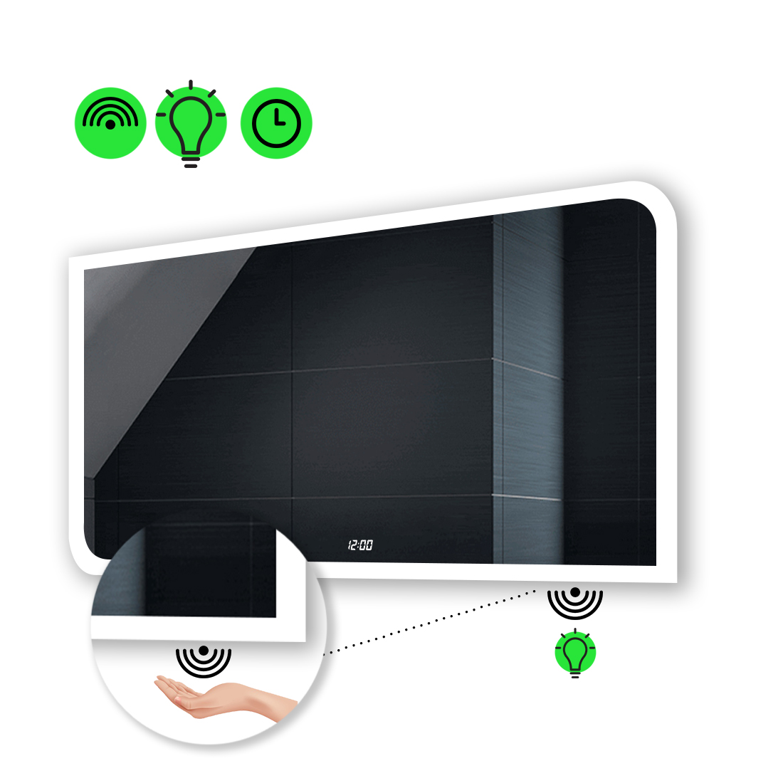 

LED-зеркало 110x70см, с ИК включателем и часами, модель Kruka