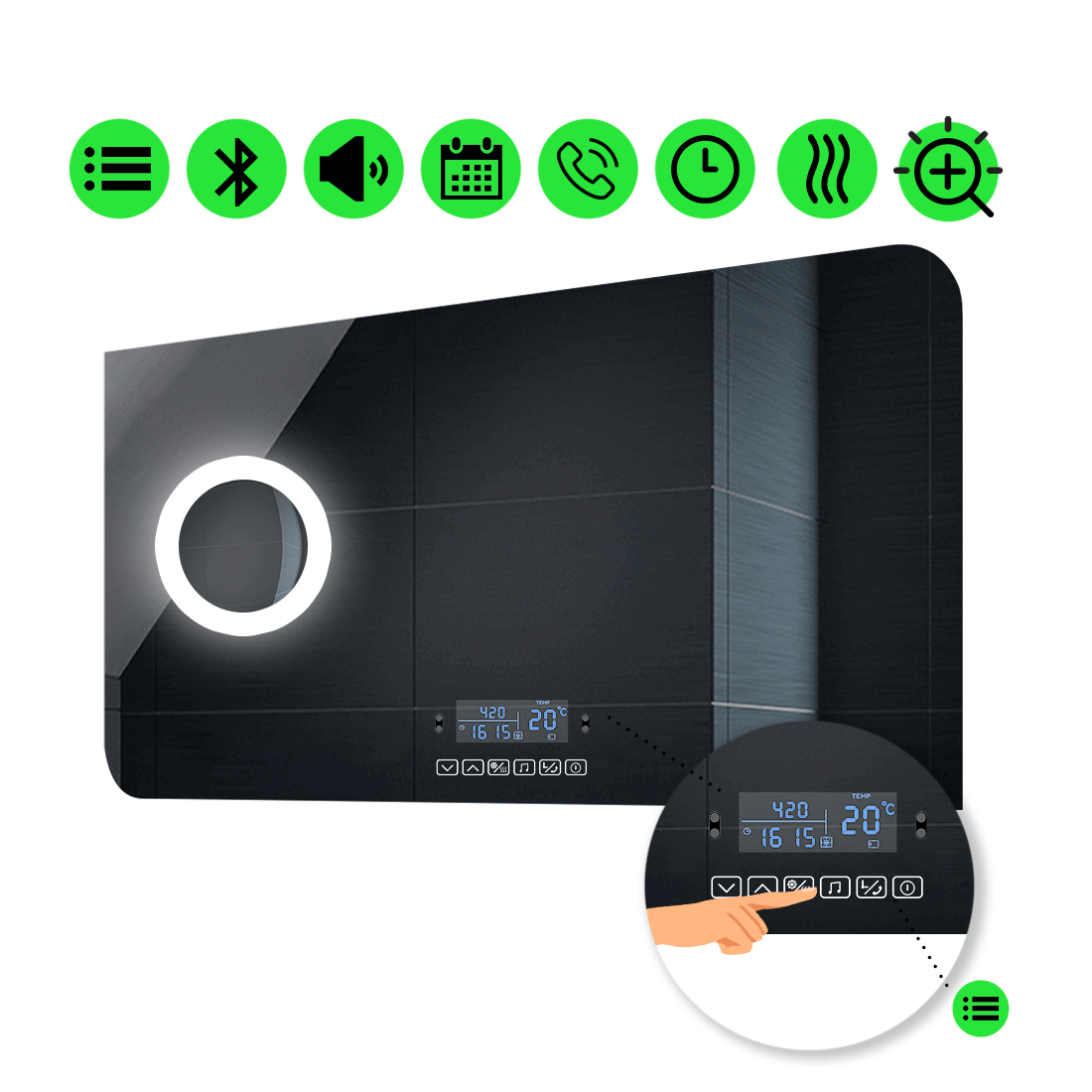 

LED-зеркало 90x80см, с Smart-блоком, линзой с подсветкой и подогревом, модель Simona