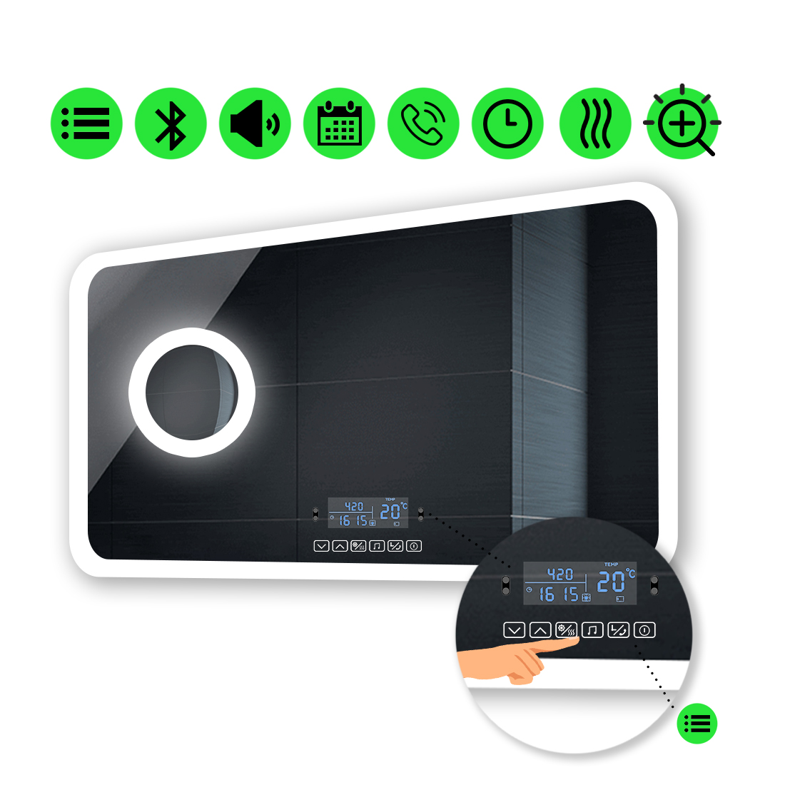 

LED-зеркало 90x80см, с Smart-блоком, линзой с подсветкой и подогревом, модель Ahana