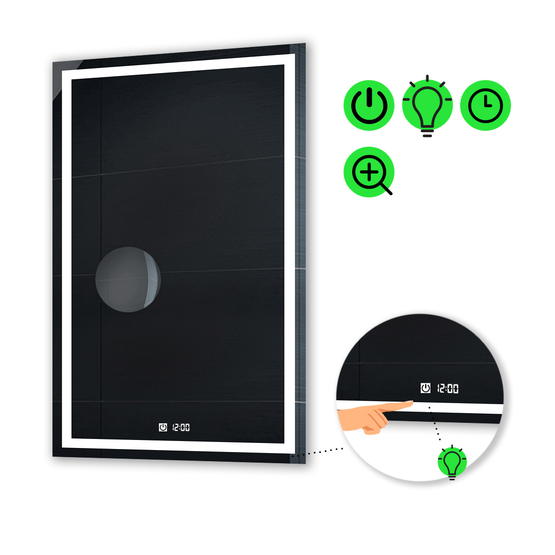 

LED-зеркало 80x120см, с сенсором, часами и линзой без подсветки, модель Karnet