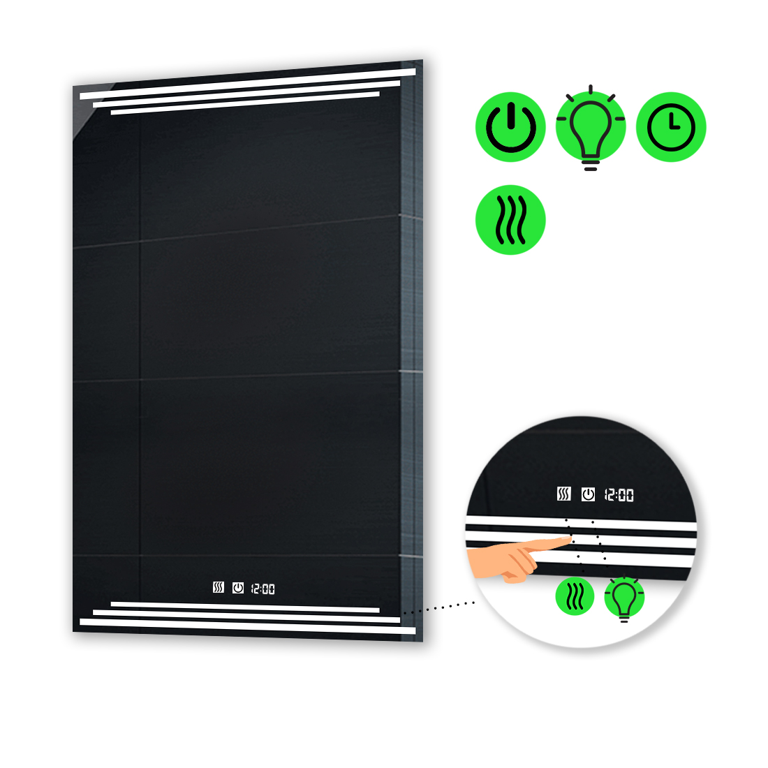 

LED-зеркало 60x80см, с двумя сенсорами, часами и подогревом, модель Francisca