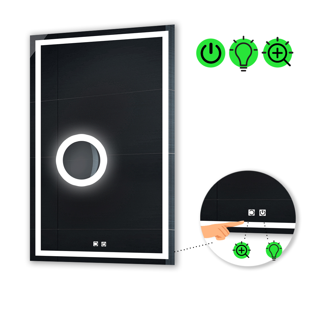 

LED-зеркало 90x100см, с двумя сенсорами и линзой с подсветкой, модель Karnet