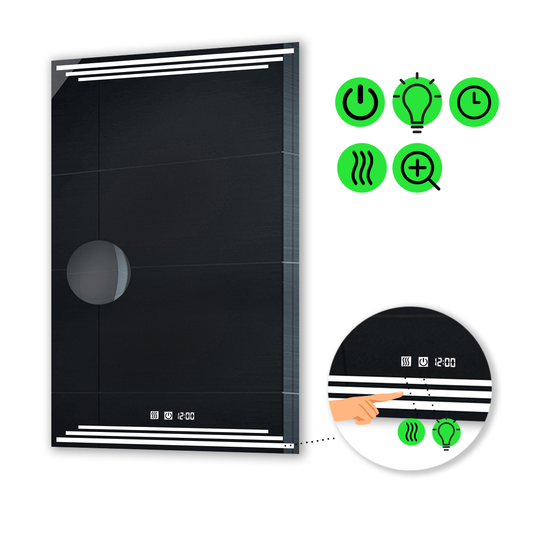 

LED-зеркало 100x140см, с двумя сенсорами, часами, подогревом и линзой без подсветки, модель Francisca