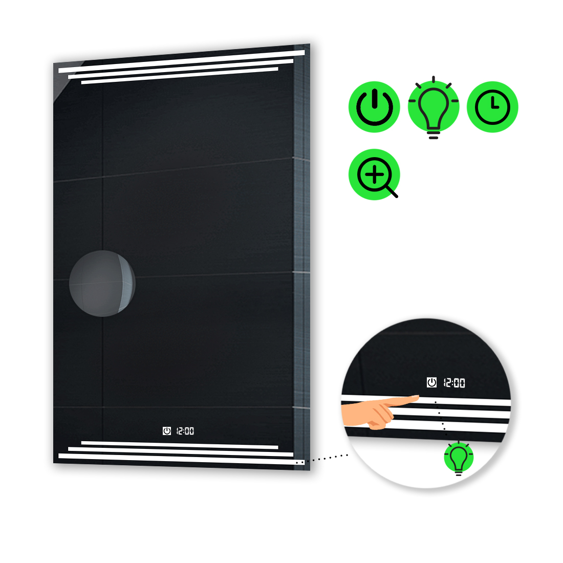 

LED-зеркало 60x80см, с сенсором, часами и линзой без подсветки, модель Francisca