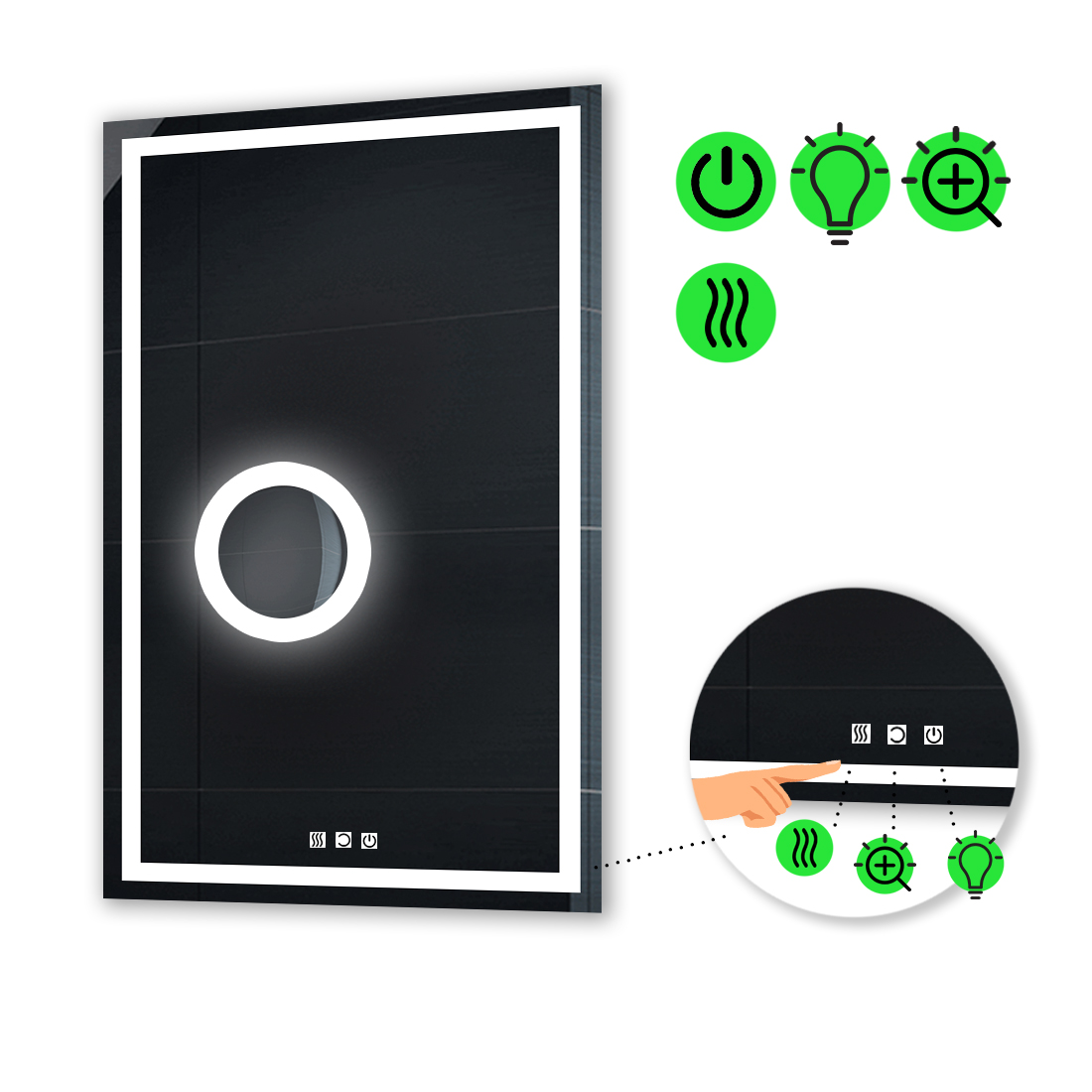 

LED-зеркало 80x90см, с тремя сенсорами, подогревом и линзой с подсветкой, модель Karnet