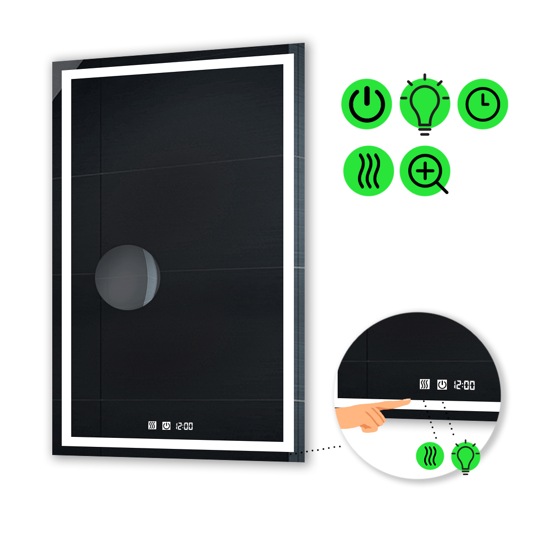 

LED-зеркало 80x90см, с двумя сенсорами, часами, подогревом и линзой без подсветки, модель Karnet