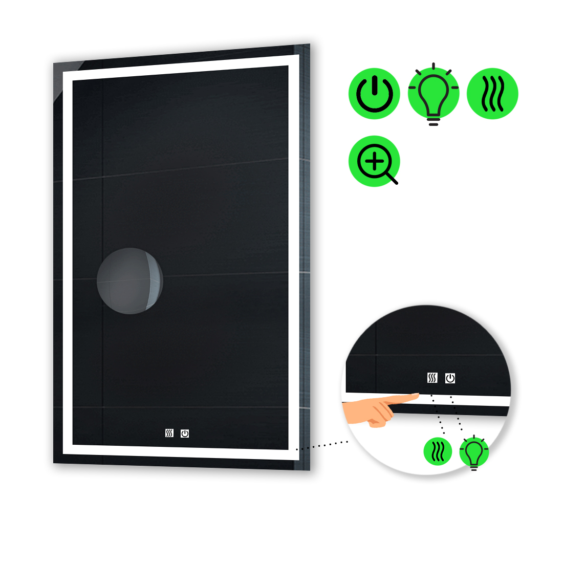 

LED-зеркало 70x90см, с двумя сенсорами, подогревом и линзой без подсветки, модель Karnet