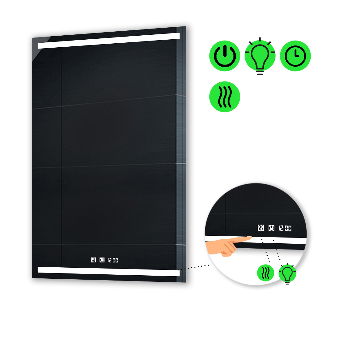 

LED-зеркало 70x110см, с двумя сенсорами, часами и подогревом, модель Adelita