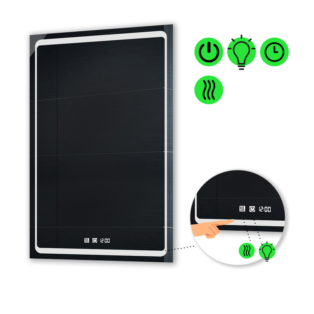 

LED-зеркало 60x80см, с двумя сенсорами, часами и подогревом, модель Emma