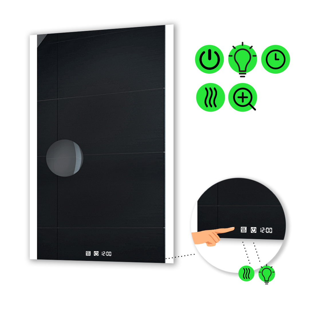 

LED-зеркало 60x80см, с двумя сенсорами, часами, подогревом и линзой без подсветки, модель Ines