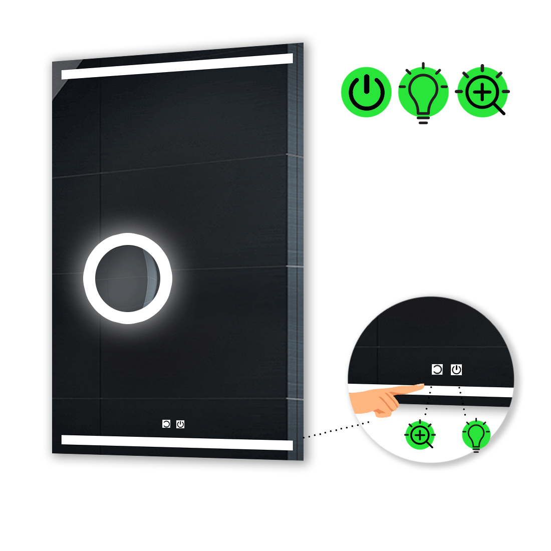 

LED-зеркало 80x100см, с двумя сенсорами и линзой с подсветкой, модель Adelita