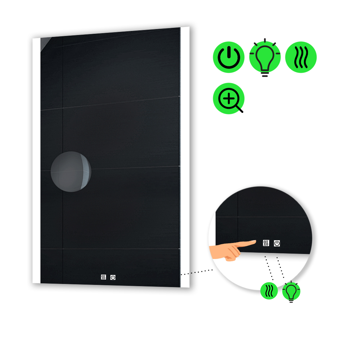 

LED-зеркало 60x80см, с двумя сенсорами, подогревом и линзой без подсветки, модель Ines