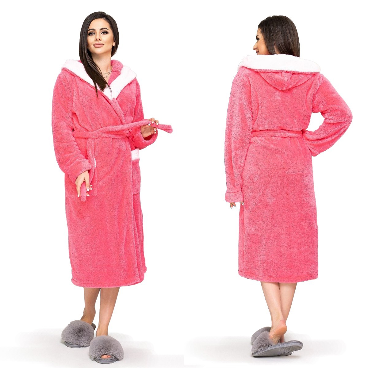 

Длинный махровый халат с капюшоном L-2XL () розовый, Длинный махровый халат с капюшоном L-2XL (50-54) розовый