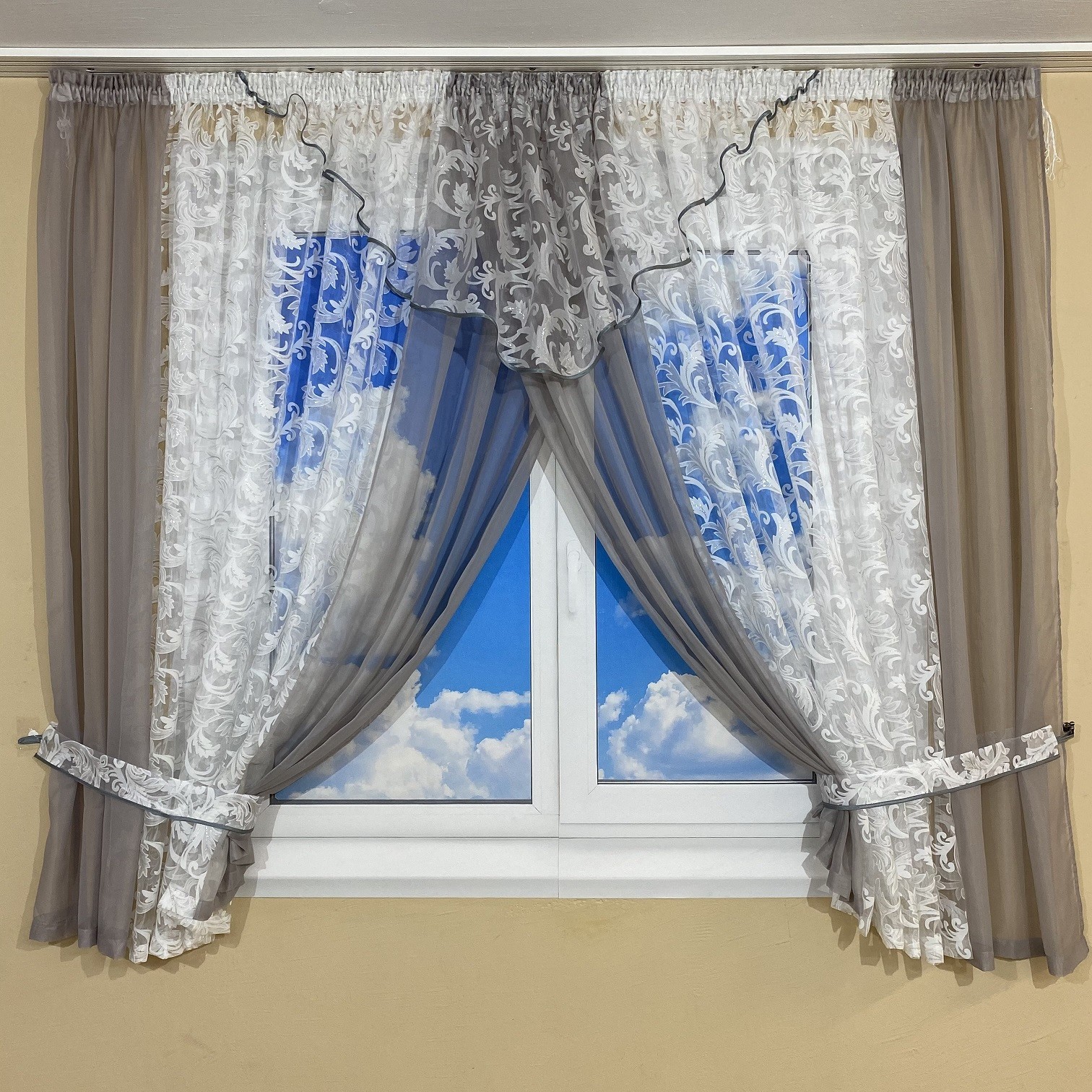 

Занавеска на кухню со шторками TG Home №445 серая