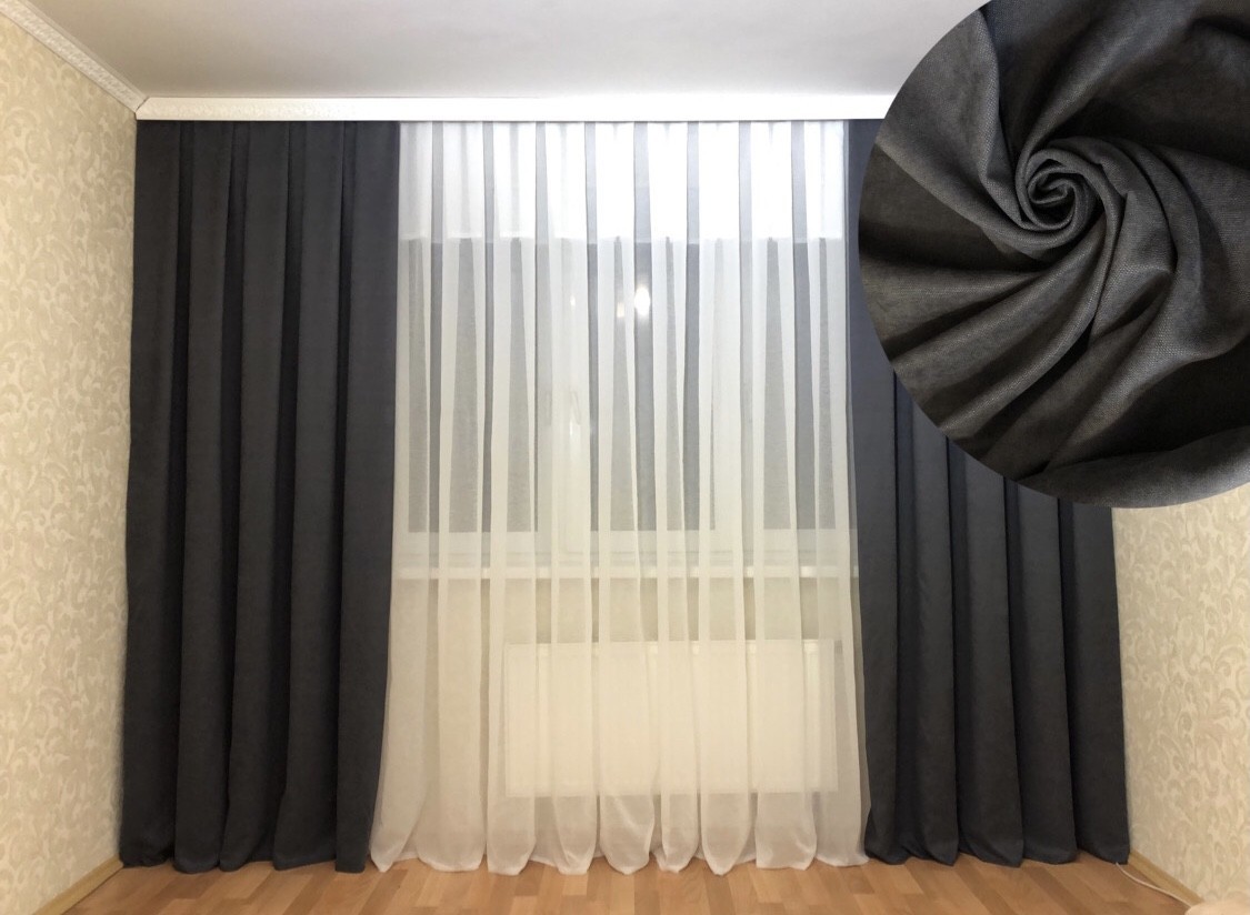 

Комплект штор и тюли. Шторы микровелюр темно-серые 150*300 (2шт). Тюль батист белый 400*300 (1шт)