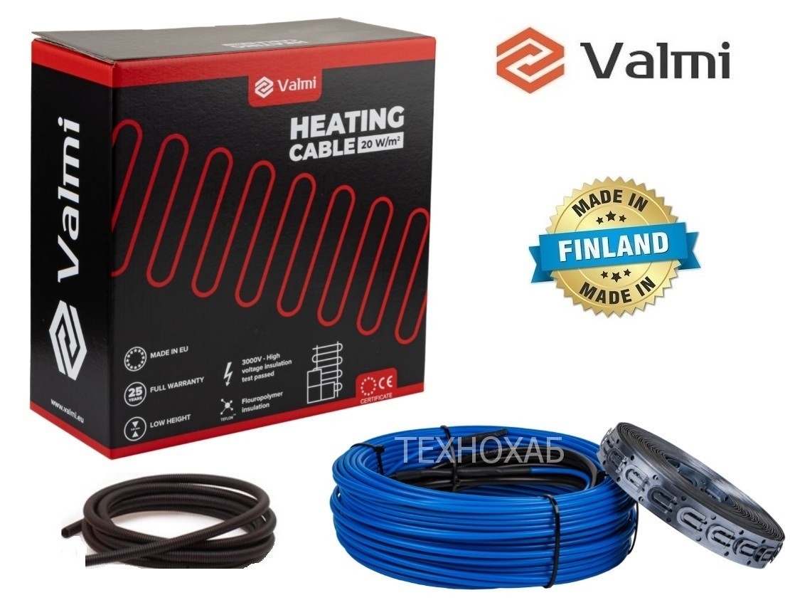 

Теплый пол Valmi 10 м²-12,5 м² / 2000Вт (100м) тонкий двухжильный нагревательный кабель 20Вт/м под плитку