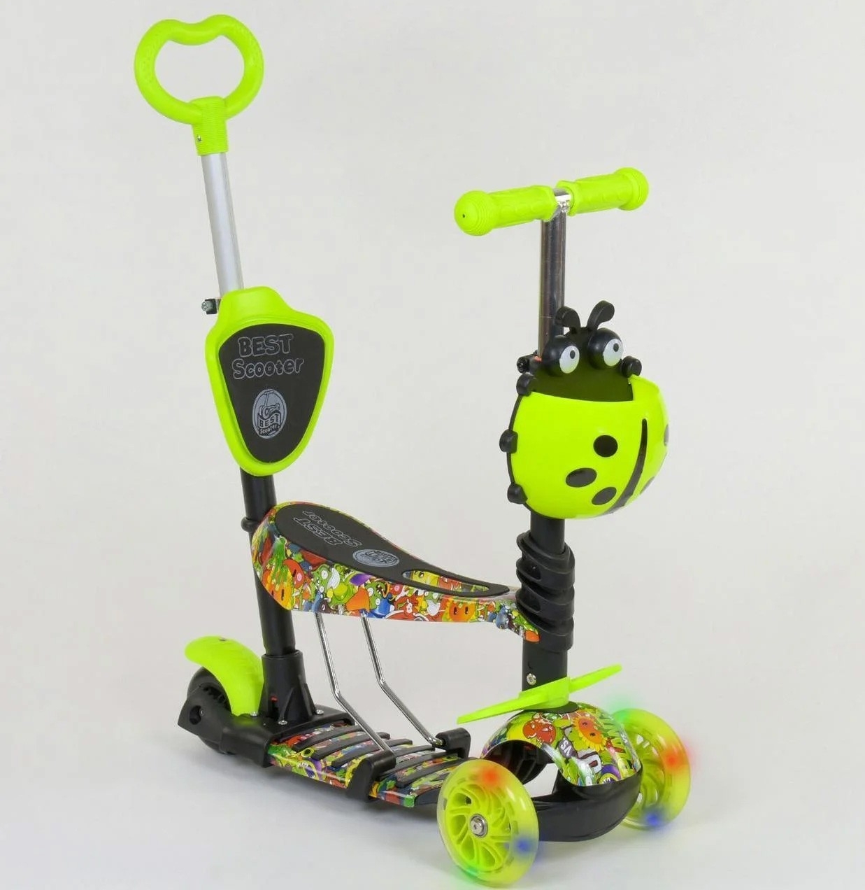 

Самокат-беговел 5в1 Best Scooter с сиденьем, подсветка колес салатовый