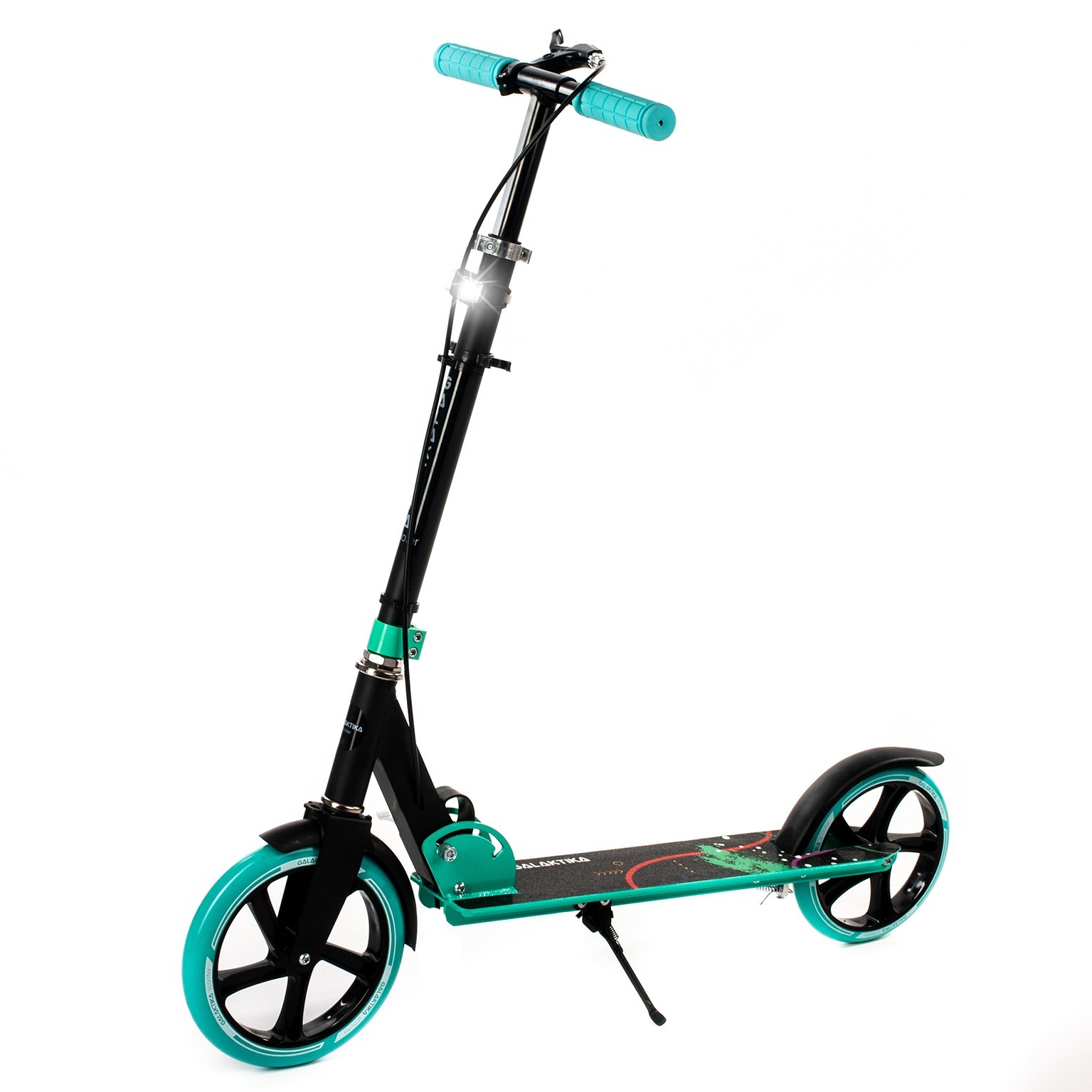 

Самокат Galaktika Scooter алюминиевый c ручным тормозом и фонариком. Бирюзовый