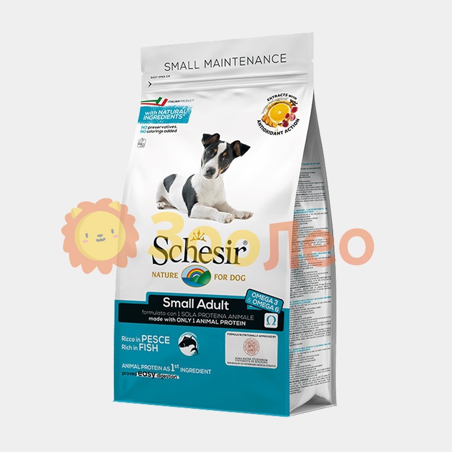 

Сухой монопротеиновый корм Schesir Dog Small Adult Fish для взрослых собак малых пород с рыбой 800 г