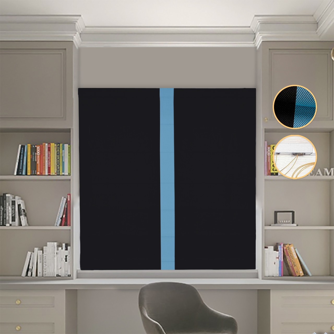 

Римские шторы DECOLIV Блэкаут Перфект черный с голубым кантом по центру 90*170 см