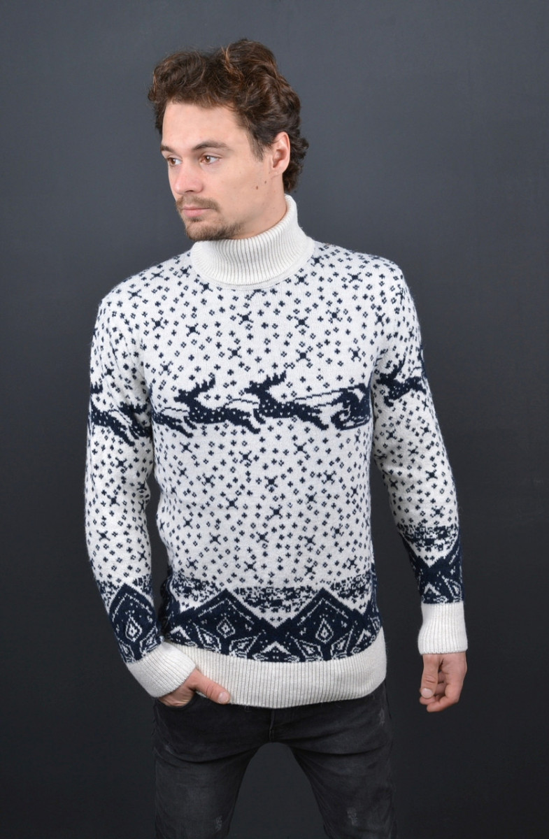 

Мужской свитер под горло с оленями DressCode Турция L/XL 70% шерсть белый 2546