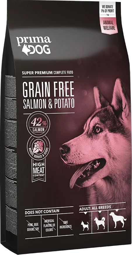 

Сухой беззерновой корм для собак всех пород с лососем и картошкой PrimaDog Grain-free Salmon&Potato 1.5 кг