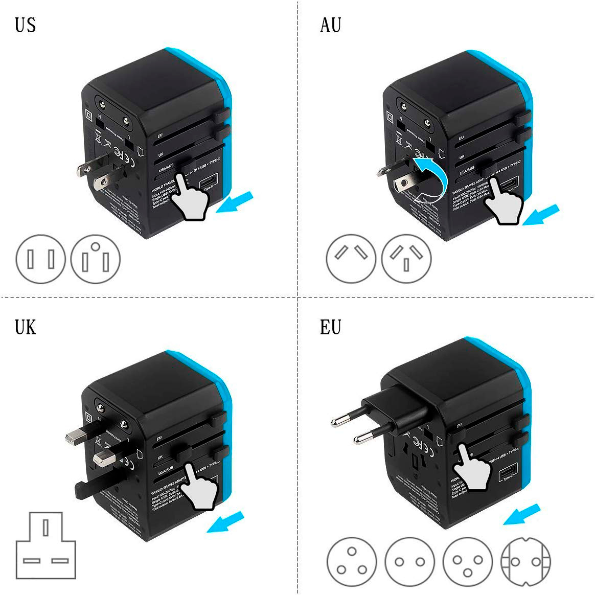 Мережевий дорожній універсальний адаптер Masslinna 4 USB + Type-C Black/Blue (NA1) — фото 9