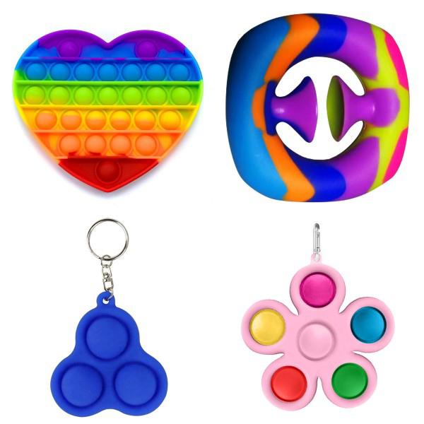

Набор Антистресс Игрушек: Pop it Сердце Радужное + Snappers №12 камуфляж + Simple Dimple Брелок Цветок с карабином - 6 пупырок Розовый + Pop it Брелок 3 пупырки Синий