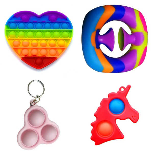 

Набор Антистресс Игрушек: Pop it Сердце Радужное + Snappers №12 камуфляж + Simple Dimple Брелок Единорог 2 пупырки Красный + Pop it Брелок 3 пупырки Розовый