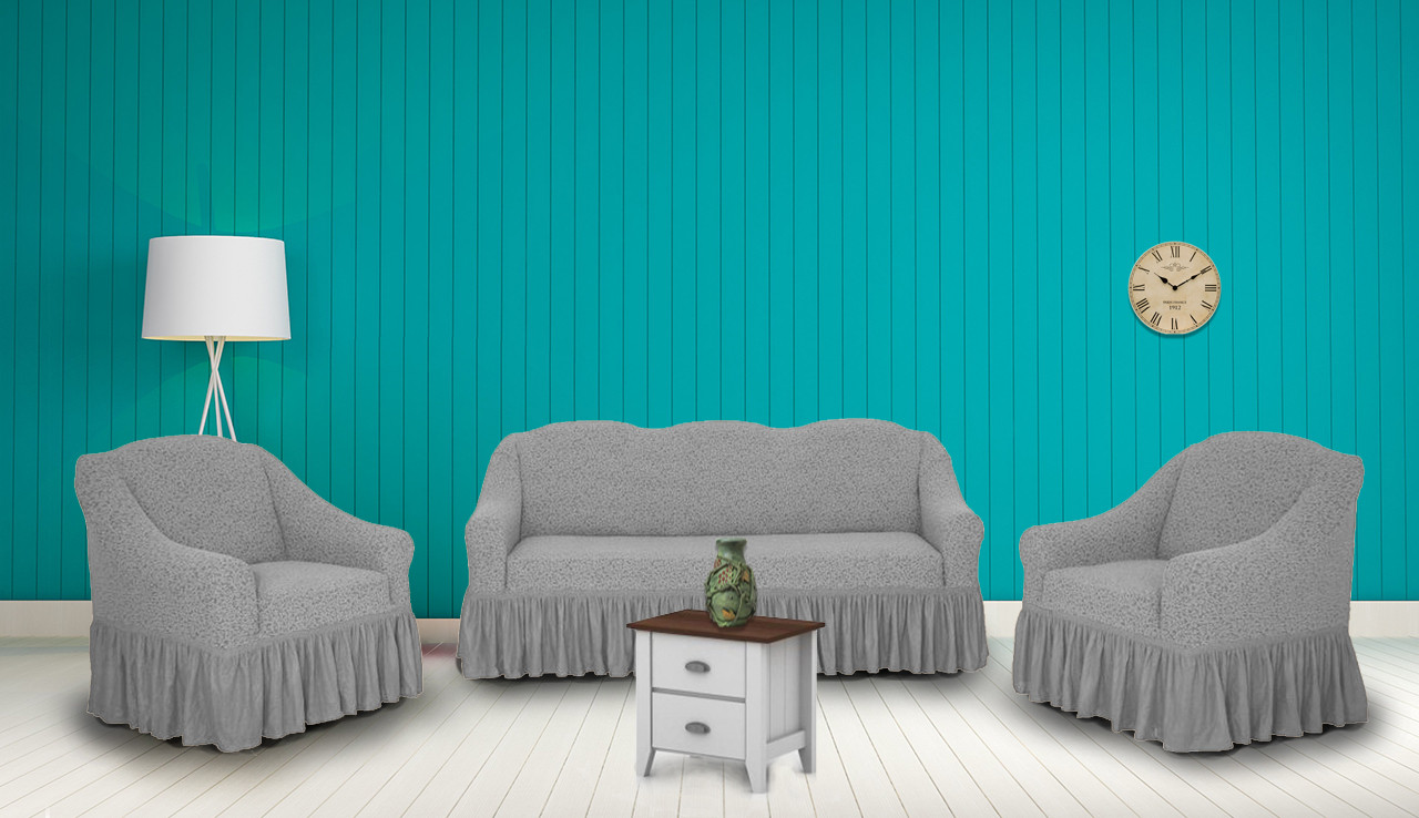 

Чехлы для мебели Naperine диван и два кресла буклированный жаккард с оборкой Серый