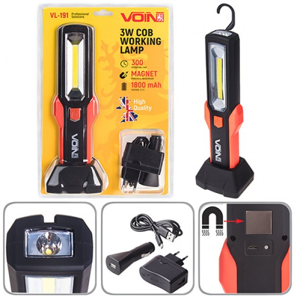 

Переносная лампа "VOIN" VL-191 12V/220V/3W-COB+2 LED-НР/АКБ/USB+microUSB/магнит/база (VL-191)