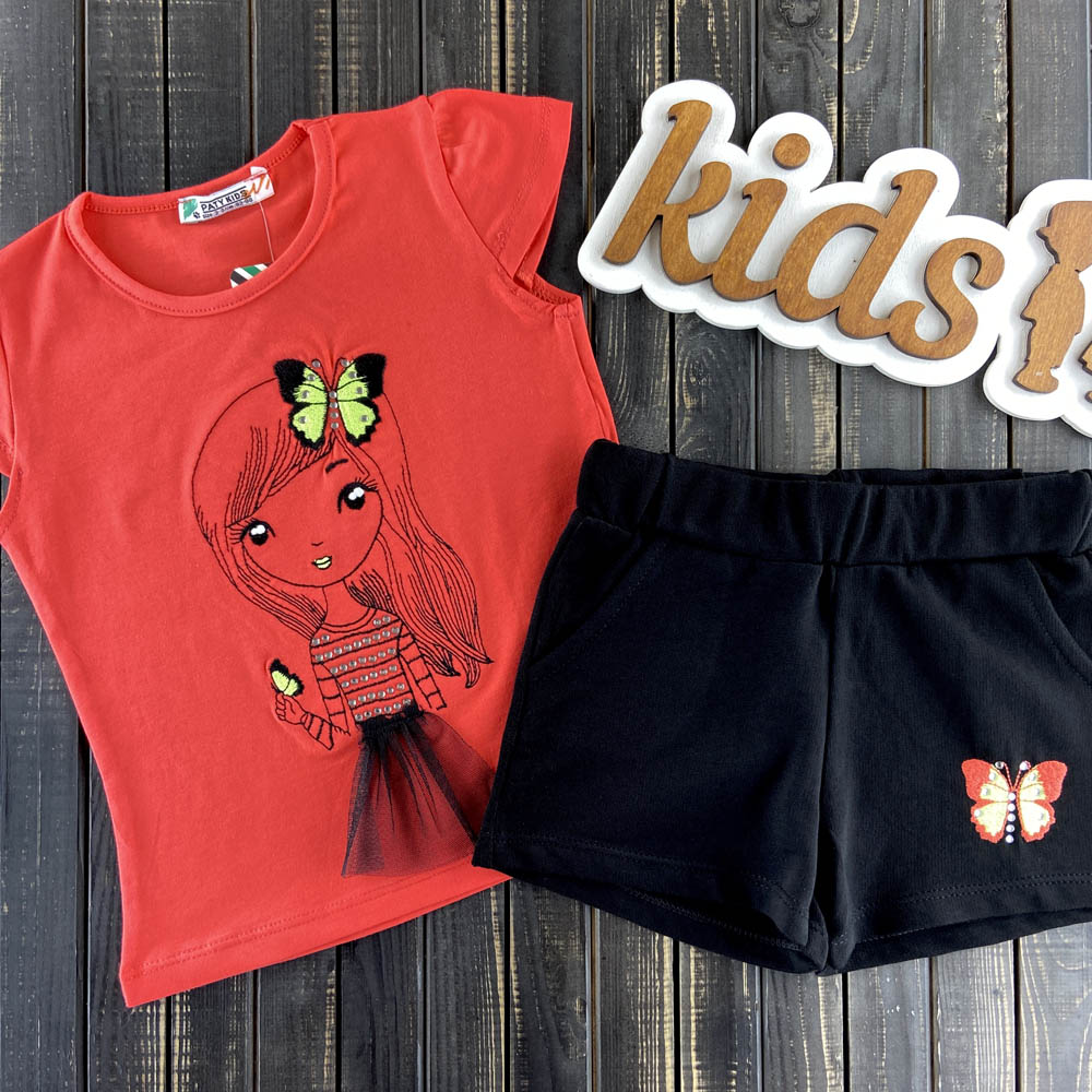 

Комплект (футболка + шорты) Paty kids 573-21 (110-116 см) Кораловый / черный
