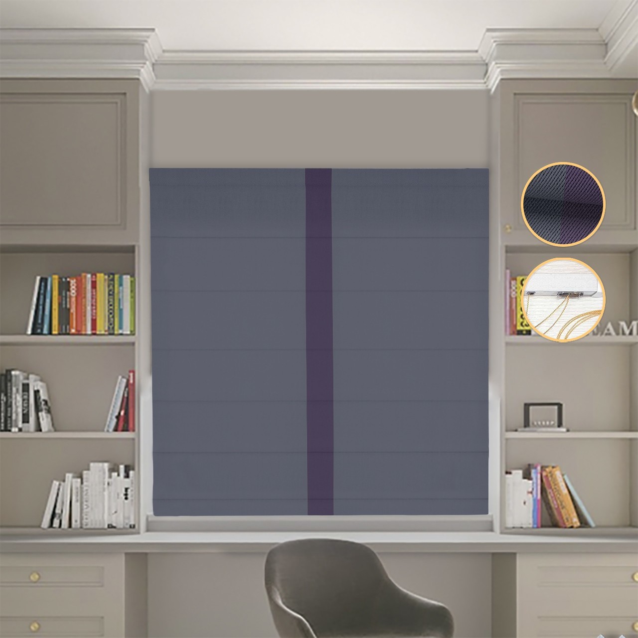 

Римские шторы DECOLIV Блэкаут Перфект графитовый с сиреневым кантом по центру 140*170 см