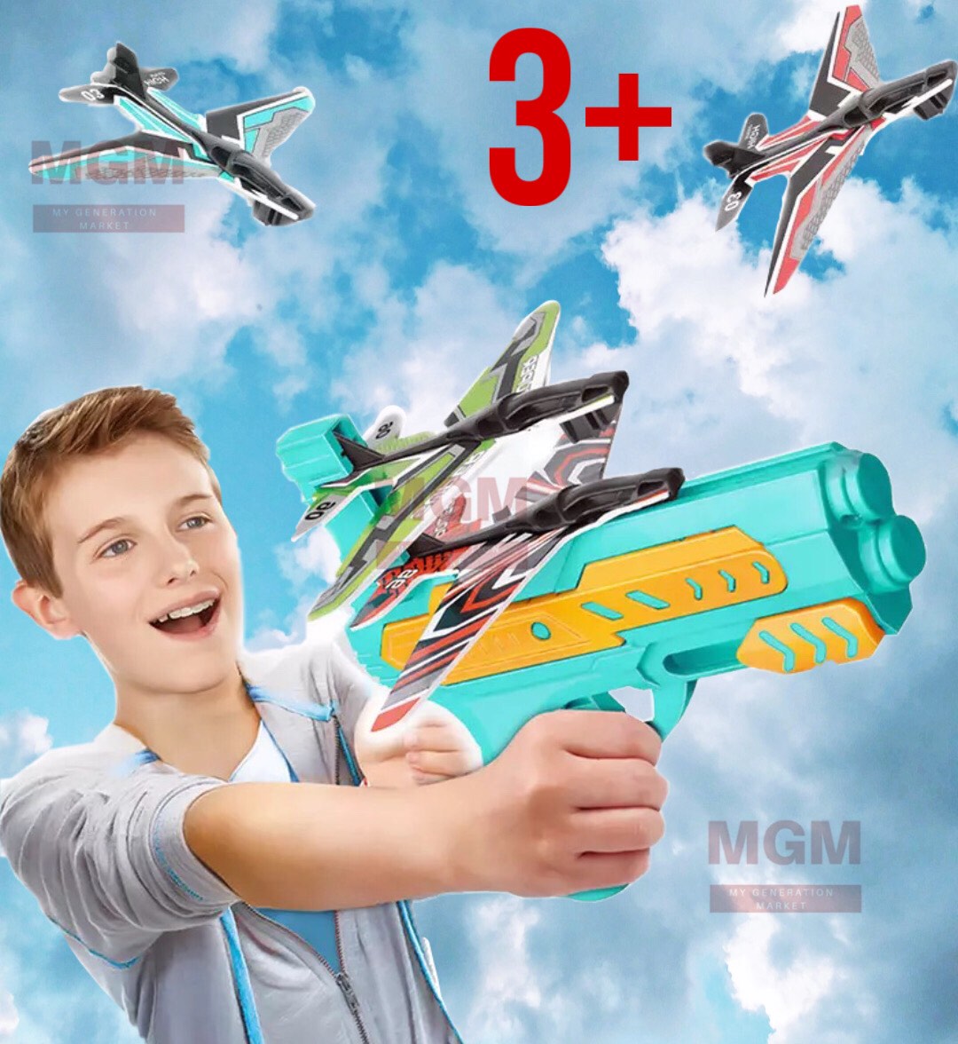 

Детский пистолет для запуска летающих самолётов AIR BATTLE Игрушка - оружие для стрельбы самолётами Для детей К999 Бирюзовый с оранжевым