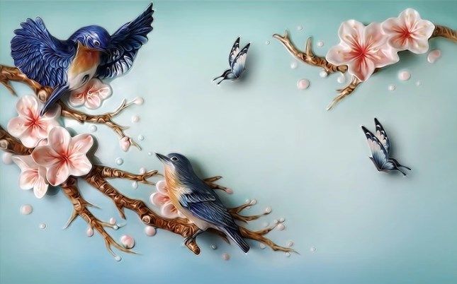 

Фотообои Walldeco Барельеф: синие маленькие птицы №dec_3023 Базальт