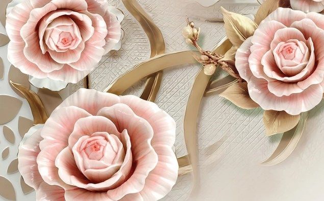 

Фотообои Walldeco Три розы с золотыми листьями №dec_3007 Мелкий песок с блестками