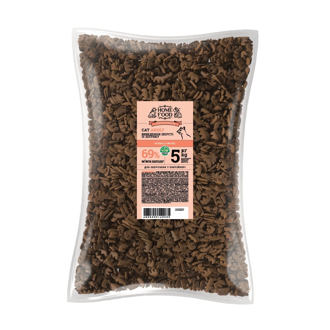 

Корм HOME FOOD для взрослых кошек выведение шерсти из желудка Hairball Control 5 кг