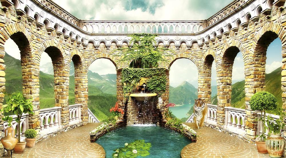

Фотообои Walldeco Тигр на террасе с фонтаном №34707 Фреска