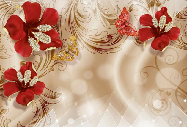 

Фотообои Walldeco Алые лилии и бабочки №dec-182 Базальт