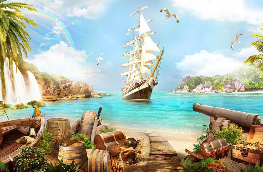 Остров пиратов. Фотообои пиратский остров с кораблем. Пиратский корабль фреска. Фотообои пираты вертикальные. Пираты картины фотообои.