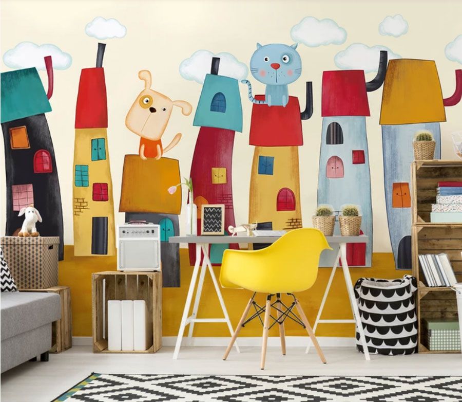 

Фотообои Walldeco Собака и кот на крыше домов №dec-2069 Гладь