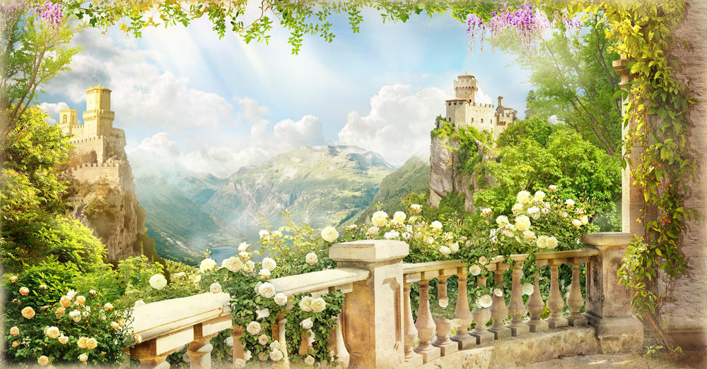 

Фотообои Walldeco Балкон с цветущими розами №30641 Мелкий песок с блестками