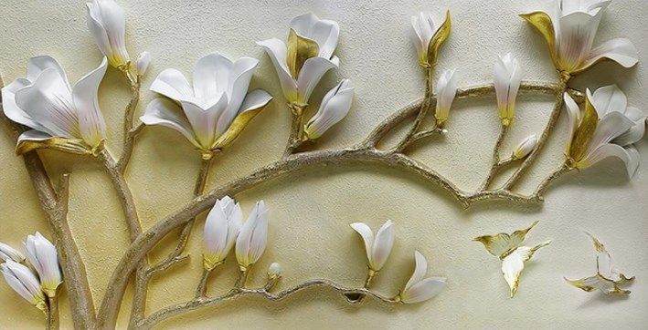 

Фотообои Walldeco Барельеф: золотисто-белые цветы №dec_3056 Гладь