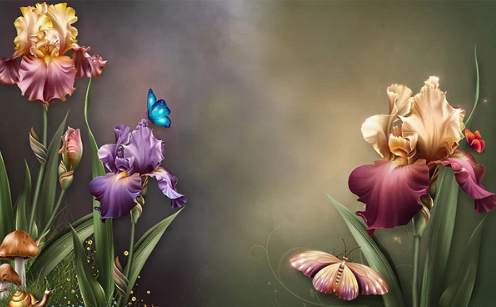 

Фотообои Walldeco Композиция из ирисов и бабочек №dec-199 Волокно